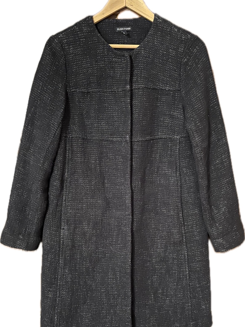 Eileen Fisher Black Collarless Trench Coat light weight with pockets - size XS